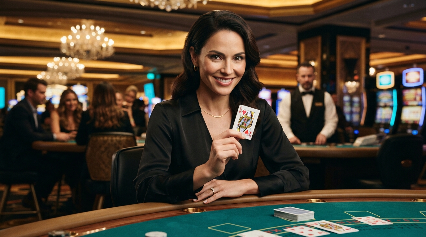 Klarna casino: Spil med Klarna i Danmark — En kvinde med et intenst, men smilende blik, holder et spillekort.